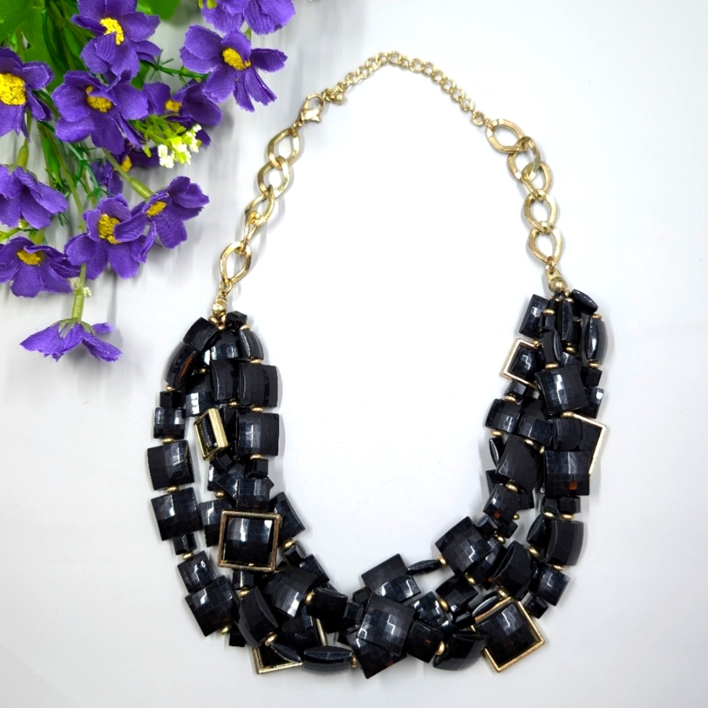 Black Crystal Multi strand Bib Style Vintage Statement Necklace